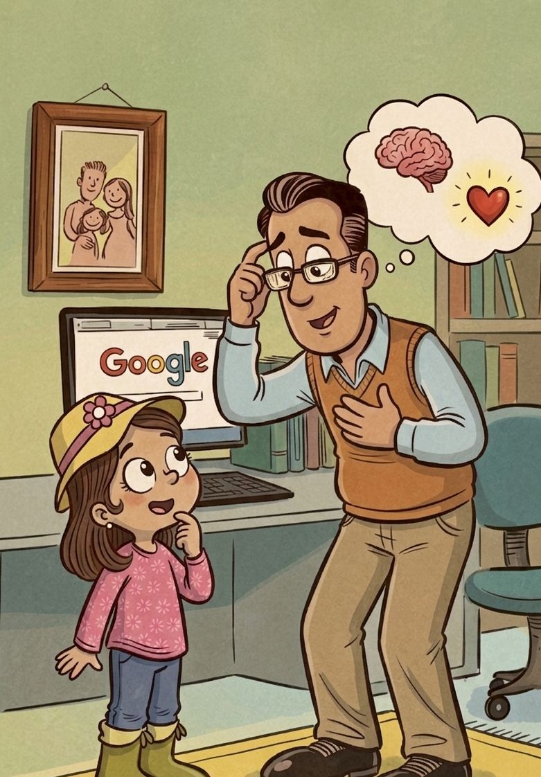Illustration of Botitas and a man pointing to his head, with a thought bubble showing a brain and a heart.
