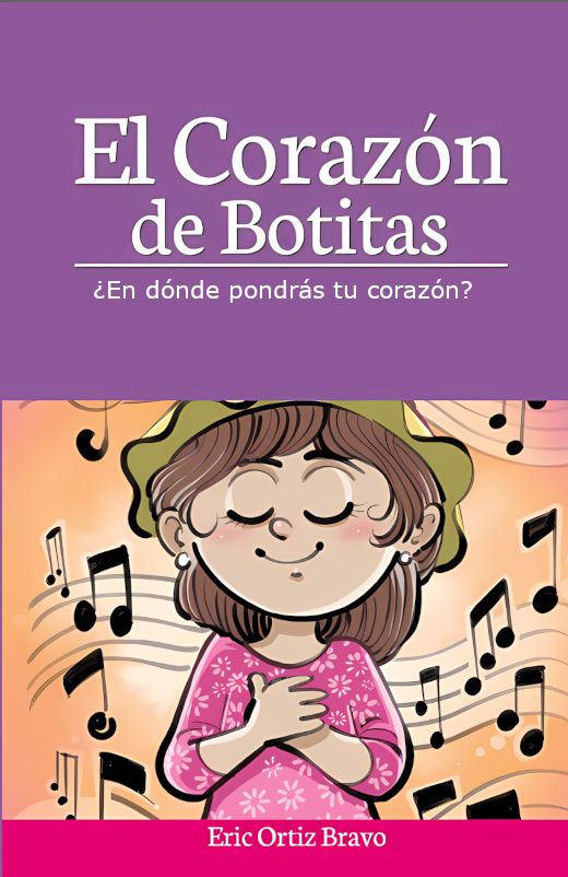 Book cover of El Corazón de Botitas featuring a young girl listening to her heart amidst musical notes.
